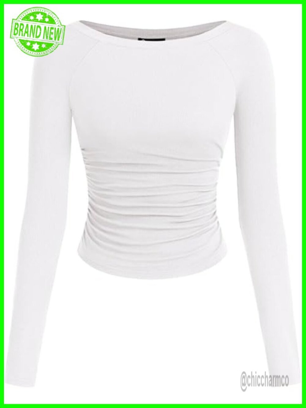 Long Sleeve Ribbed Knit Crop Top Boat Neck Ruched Fitted Tee Casual Basic